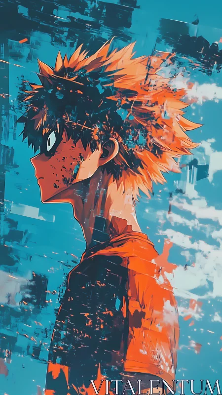 Side profile anime hero in fragmented abstract scene.