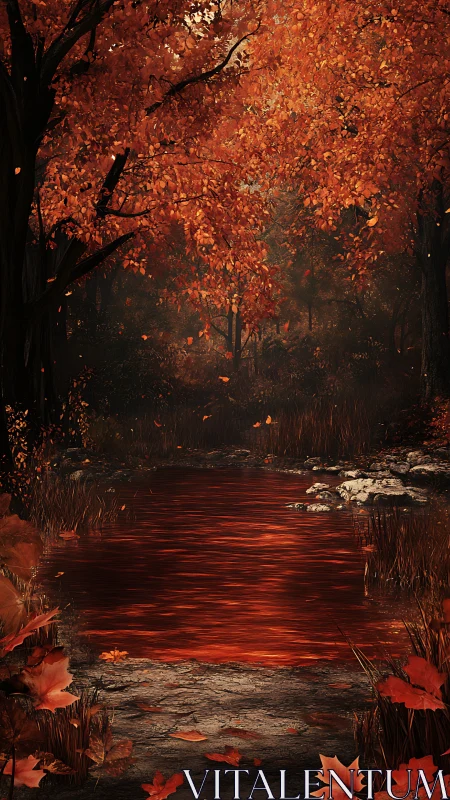 Crimson autumn pond wrapped in a quiet forest glow.