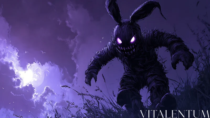 Sinister glowing-eyed rabbit stalks under eerie moonlight.