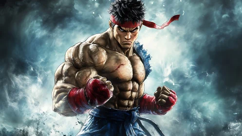 Storm-lit warrior stands ready with power and fierce focus