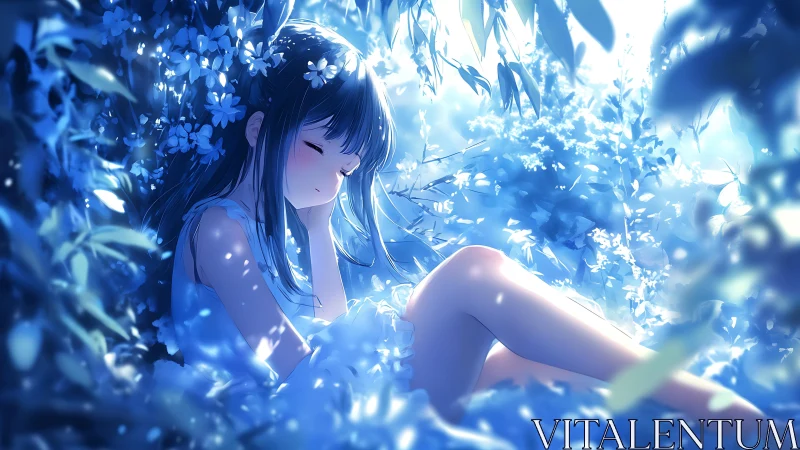 Dreamy blue garden nap with a peaceful anime girl.