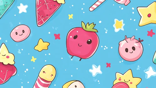 Candy-bright fruit buddies drift like happy balloons across sky