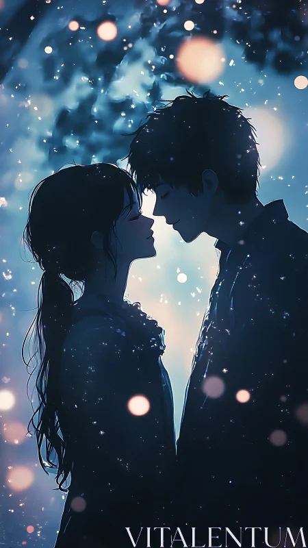 Moonlit silhouettes trade quiet secrets in falling starlight.