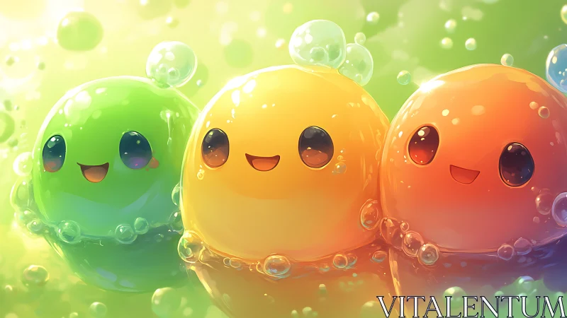 Three glossy jelly creatures smile in a bright bubbly liquid