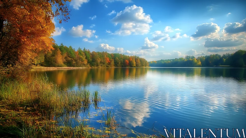 Autumn shoreline and reflective lake under scattered clouds.