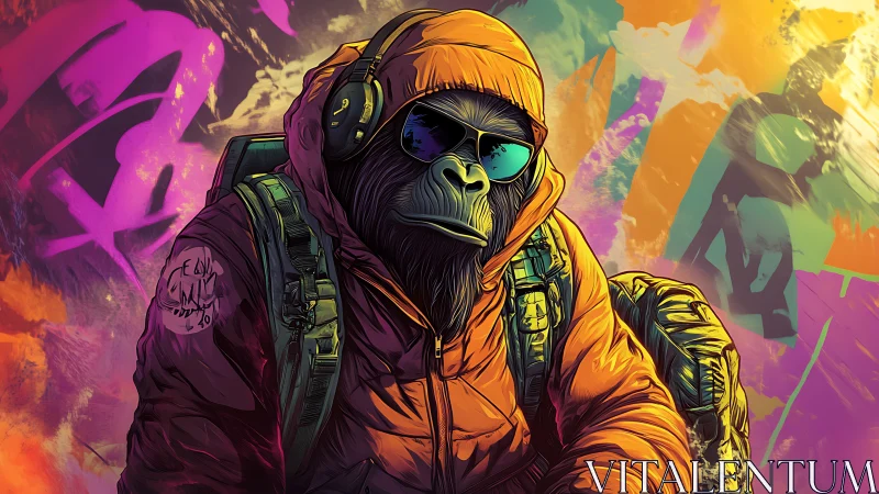 Streetwise gorilla in neon hoodie walks through urban color storm