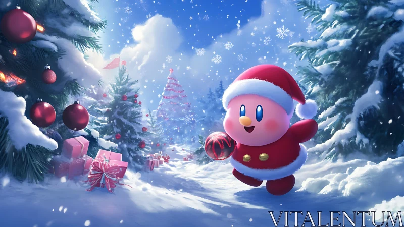 Rendered pink mascot in Santa suit traverses snowy forest path