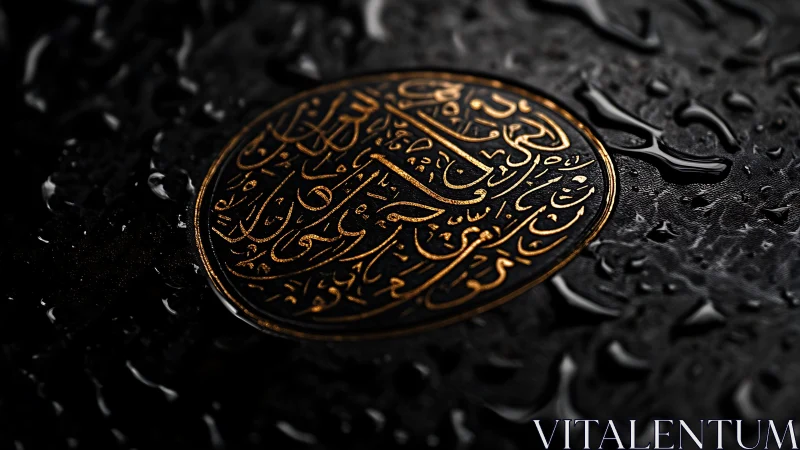 Gilded Arabic calligraphy coin under whispering storm droplets.