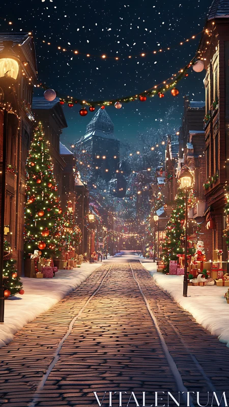 Snowlit cobblestone lane hums with sparkling Christmas magic