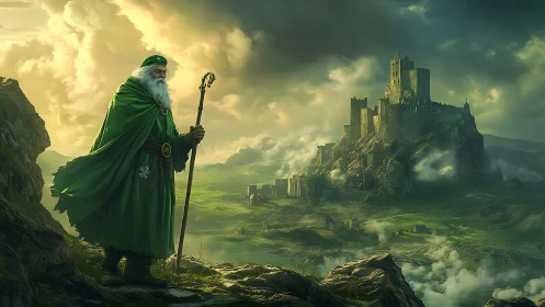 Elderly robed figure with staff observing distant fortress.