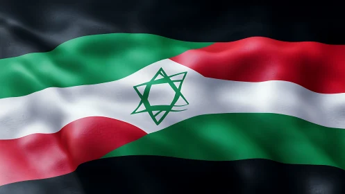 Imagined tricolor flag with emerald geometric star emblem.