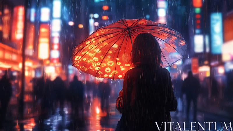Woman with red umbrella in neon city street at night.