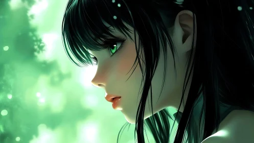 Profile portrait of green-eyed girl in luminous anime style