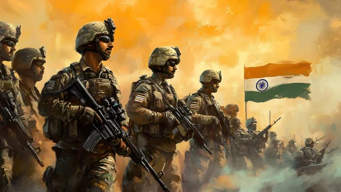 Marching soldiers carve a blazing path beneath saffron skies