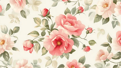 Botanical Pattern With Layered Pink and White Roses