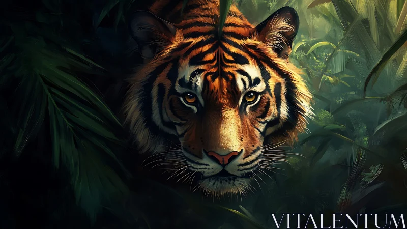Predatory tiger emerging from shadowed jungle foliage in profile