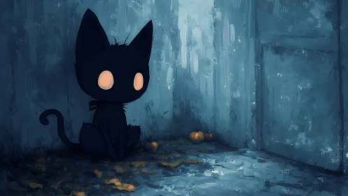 Moon-eyed alley cat guards tiny pumpkins in blue hush.