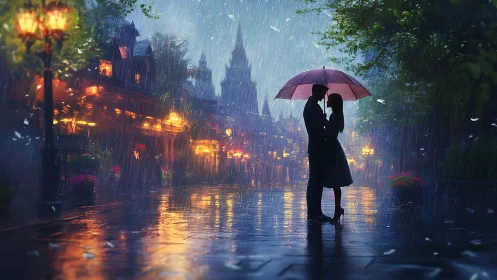 Two figures sharing an umbrella in a rain-soaked gothic city at night.