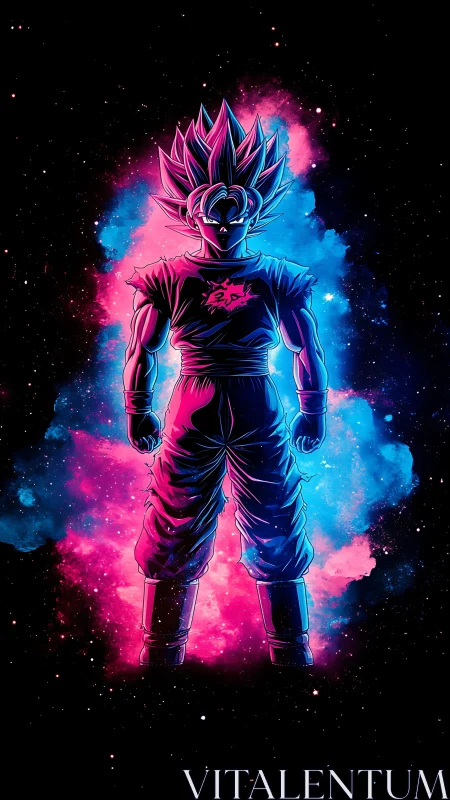 Cosmic warrior ignites neon galaxies in silent defiance.