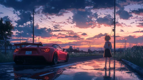 Red sports car and girl pause under a glowing sunset sky.