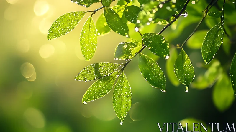 Morning dew glistens on bright green leaves in soft light.