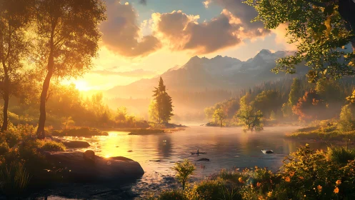 Golden hour river valley beneath distant alpine peaks.