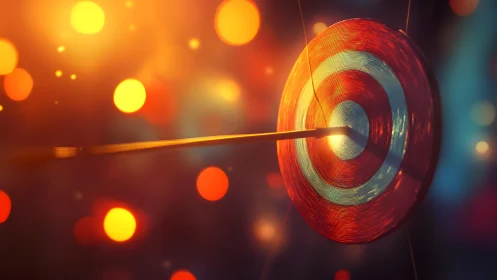 Arrow Hitting Bullseye on Target with Vibrant Bokeh Lighting.