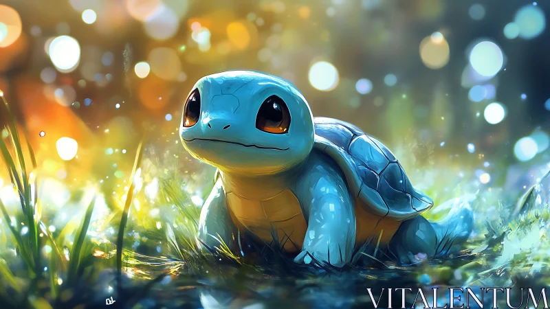 Cartoon turtle character sits in glowing grass at dusk
