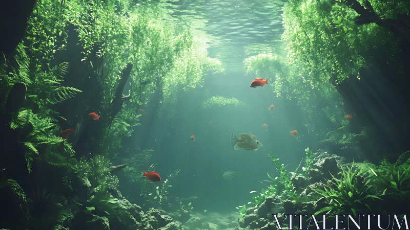 Sunlit underwater forest shelters vibrant shoals of fish