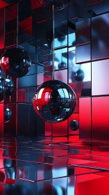 Chrome spheres reflect neon red blue geometric lightscape.