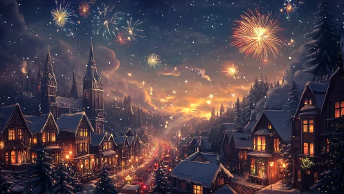 Winter townscape under fireworks and evening snowfall.