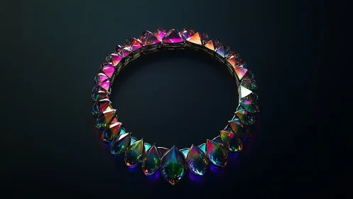 Iridescent gem-studded collar rendered in high-gloss 3D CG