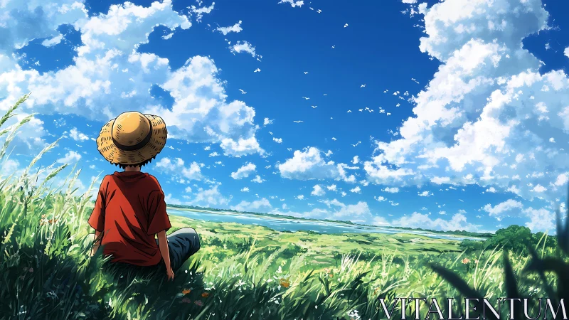 Backlit boy in straw hat observing cumuliform cloudscape over meadow
