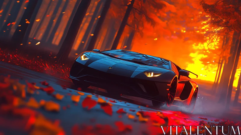 Sports car on forest road under strong sunset lighting.