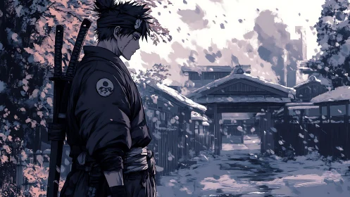 Solitary samurai pauses in snowfall outside quiet village gate.