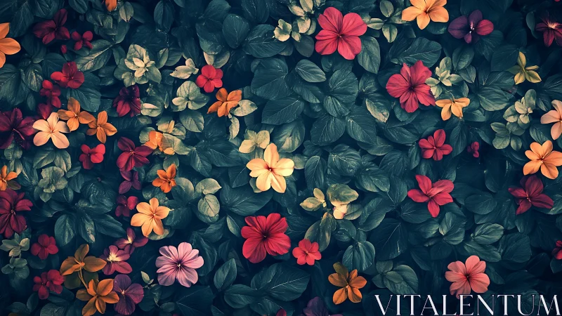 Floral arrangement with mixed bloom varieties against dark foliage background.