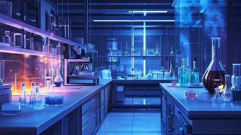 Futuristic neon laboratory interior with glowing glassware.