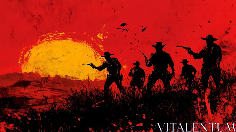 Silhouetted armed riders against red sunset landscape.
