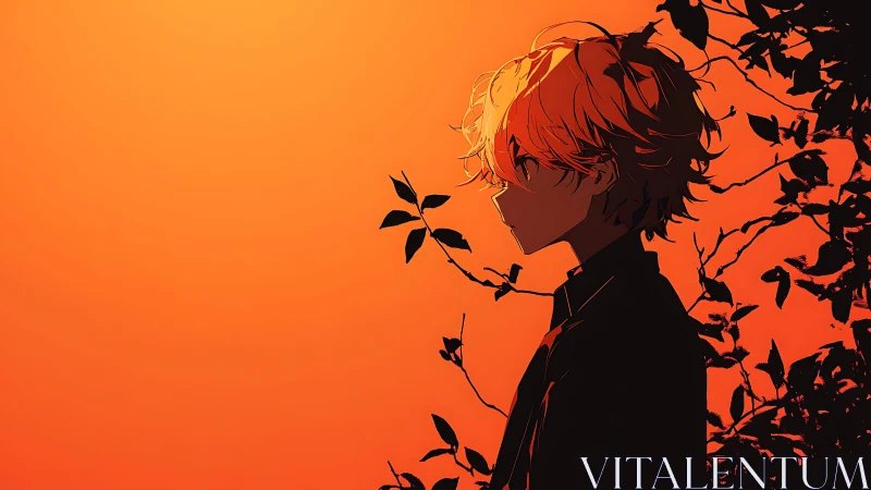 Sunset-tinted silhouette listens quietly to the climbing ivy