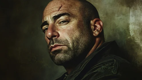 Weathered portrait of a strong, thoughtful bald man.