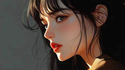 Side profile portrait shows stylized young woman in light