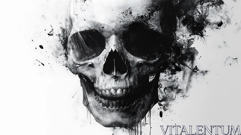 Monochrome human skull rendered in abstract ink dispersion.