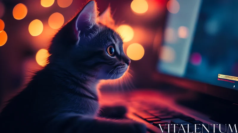 Black Cat Portrait with Neon Bokeh Lighting Effects.