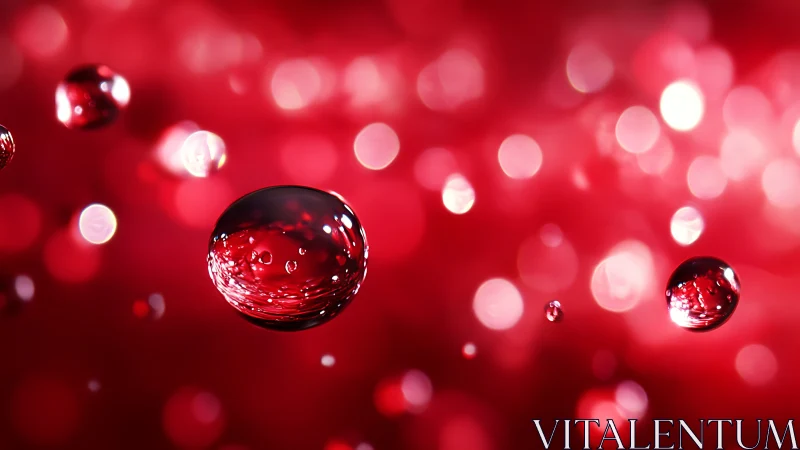 Macro red droplets floating over glowing bokeh field.