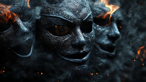 Charred theatrical masks stare through smoke and rising embers