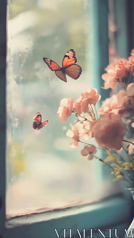 Gentle butterflies drift above pastel blossoms by the window.
