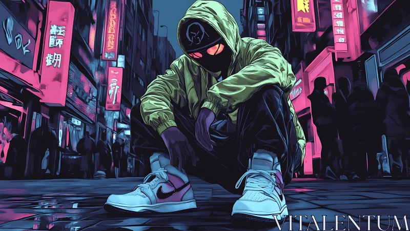 Neon‑lit street renegade crouching beneath cyberpunk skies.