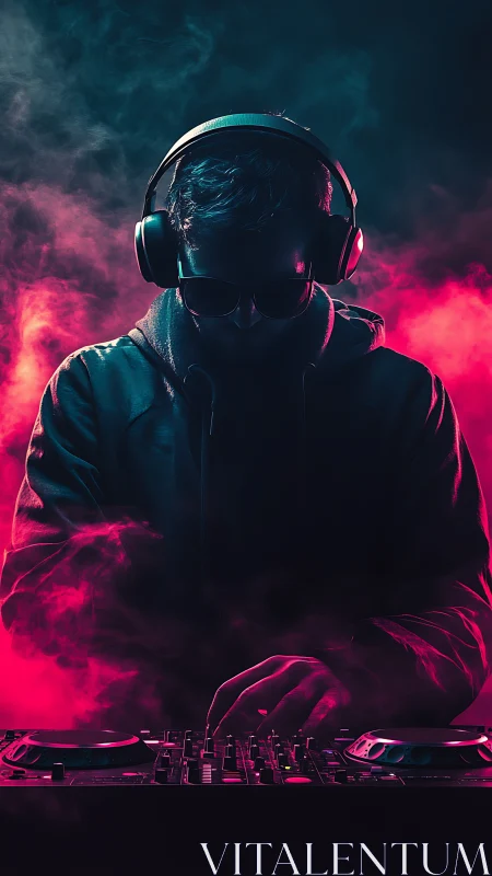DJ wearing headphones mixes tracks amid pink and teal smoke