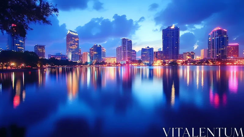 City lights glow gently over calm blue waterfront reflections