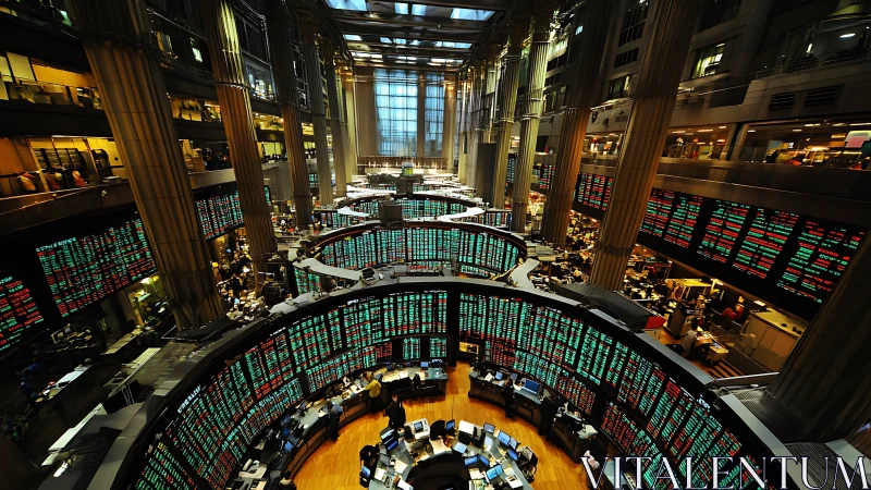 Global trading floor panorama with luminous ticker arcs.